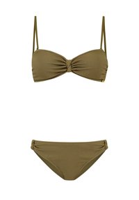 Alyvuogių žalios spalvos bikini su tekstūruota banguota medžiaga. Viršus turi sukamo mazgo detalę, reguliuojamas dirželius; apačia turi šonines raukšles.
