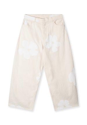 Beige wijde broek van een katoenmix, met grote witte bloemmotieven, veelkleurige knoopsluiting aan de voorkant en traditionele vijf-pocket stijl.