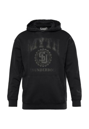 Černá mikina s kapucí a přední kapsou. Obsahuje výrazný nápis "MYTH" a "THUNDERBOLT" v šedé barvě s ozdobným emblémem. Měkký materiál.