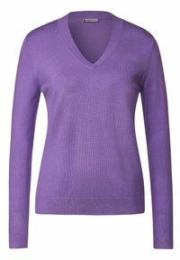 Pull violet à manches longues pour femmes avec col en V, poignets et ourlet côtelés, présenté sur un fond blanc.