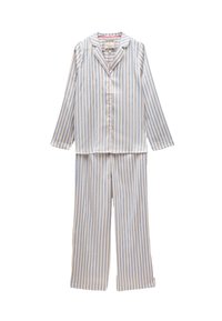 Haut boutonné à manches longues et pantalon large assorti à rayures verticales bleues et blanches, posé à plat.
