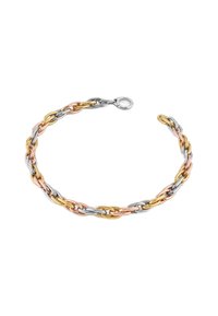 Driedelige metalen armband met in elkaar geschakelde ovale en ronde schakels in zilver, goud en roségoud afwerkingen, met een karabijnhaaksluiting.