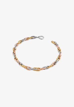 Bracciale in metallo a tre tonalità che presenta anelli a catena ovali e rotondi interconnessi in finiture argento, oro e oro rosa, con chiusura a coccodrillo.