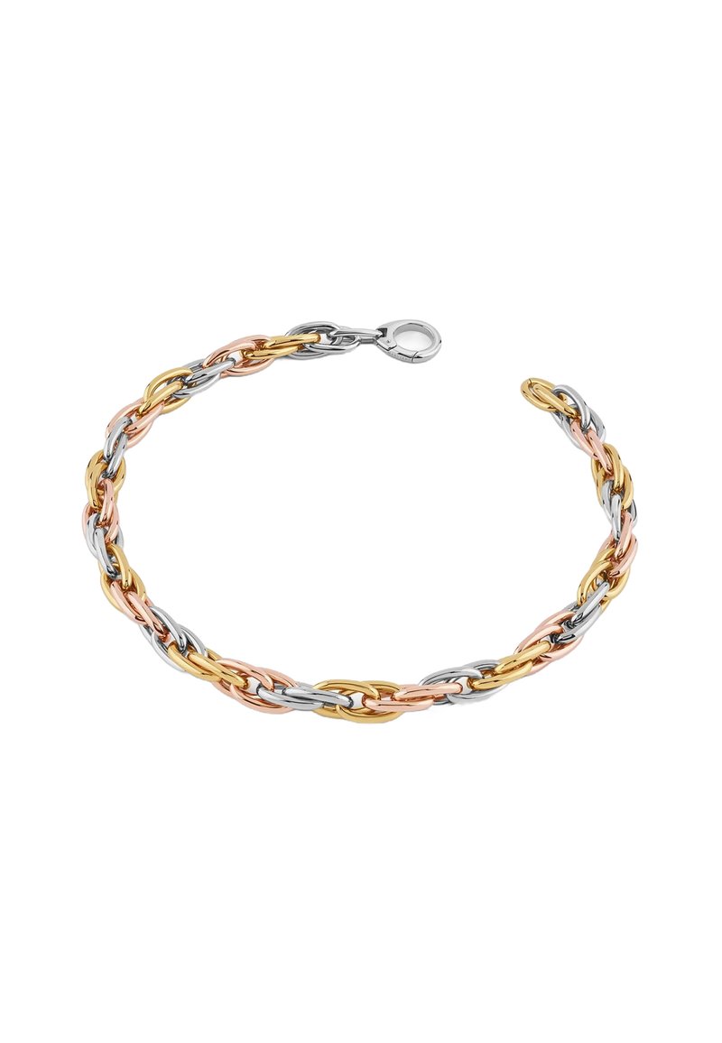 Driedelige metalen armband met in elkaar geschakelde ovale en ronde schakels in zilver, goud en roségoud afwerkingen, met een karabijnhaaksluiting.