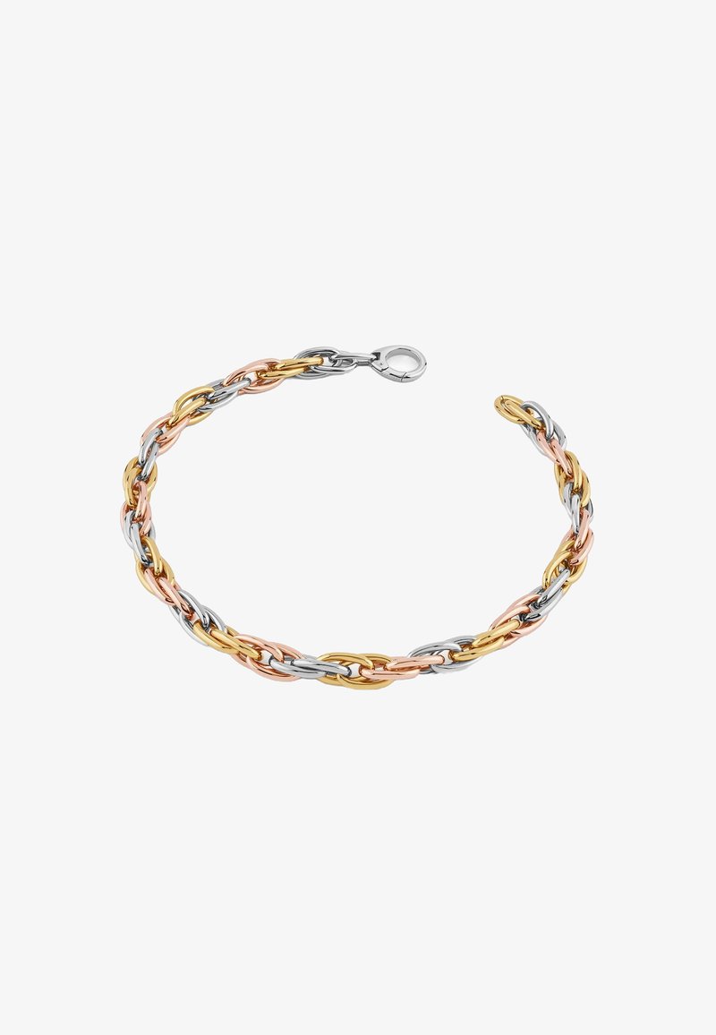 Driedelige metalen armband met in elkaar geschakelde ovale en ronde schakels in zilver, goud en roségoud afwerkingen, met een karabijnhaaksluiting.