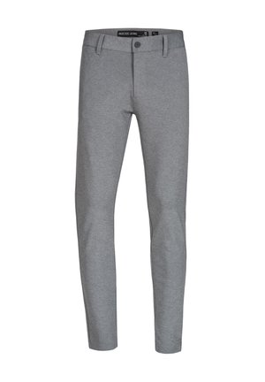 Gray slim-fit trousers made of soft cotton blend, featuring a button closure, belt loops, and a smooth texture. Suitable for casual wear.