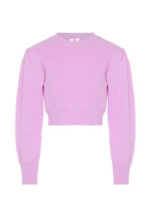 Liliowy krótki dzianinowy sweter z długim rękawem, bufkami na ramionach oraz ściągaczami na mankietach i dole, pokazany na jednolitym białym tle.