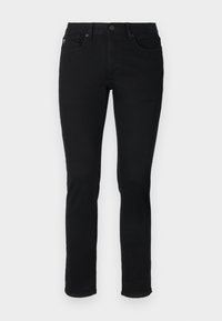 Black denim jeans with a slim fit, featuring a five-pocket design, button closure, and visible stitching details.