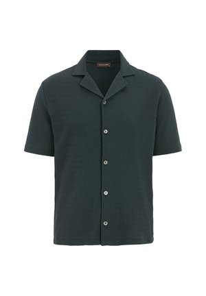 Short-sleeve shirt in dark green textured fabric, featuring a notched collar and button front with black buttons.