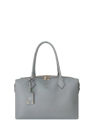 Borsa a mano in pelle grigia con due manici cuciti, zip dorata e targhetta con marchio appesa davanti.