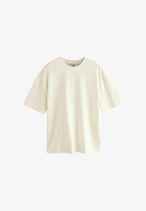 Kurzarm-T-Shirt aus offweißem Baumwollmaterial, mit einem klassischen Rundhalsausschnitt und einem lockeren Schnitt, das eine glatte Textur aufweist und keine sichtbaren Muster oder Akzente hat.