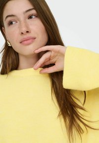 Pull jaune en tricot avec un col rond et des poignets côtelés. Texture douce, manches longues et coupe décontractée.