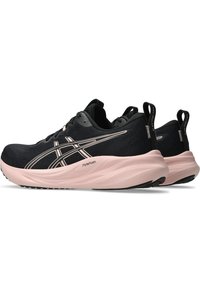 Black athletic shoes with a textured mesh upper, pink FlyteFoam midsole, and rubber outsole. Features signature branding and heel pull tabs.