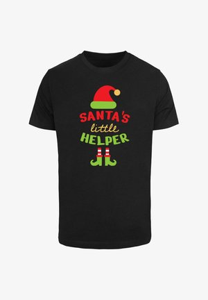 Melna T-krekls ar košāku druku: teksts "SANTA mazais PALĪGS", sarkans un zaļš, ar Ziemassvētku vecīša cepuri un elfu kurpēm apakšā.