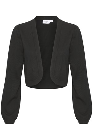 Cardigan noir court avec un devant ouvert arrondi, des manches longues bouffantes, des poignets côtelés et une texture tricotée lisse. L'étiquette indique "Saint."