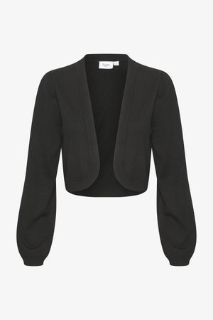 Fekete, rövidített kardigán kerek, nyitott elejével, hosszú puff ujjakkal, bordázott mandzsettákkal és sima kötött textúrával. A címke felirata: "Saint."