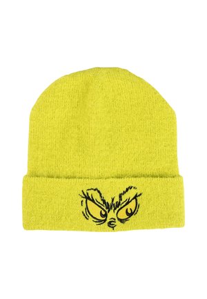 Heldere gele gebreide beanie met omgeslagen rand, voorzien van geborduurde boze cartoonogen in zwart en geel aan de voorkant.