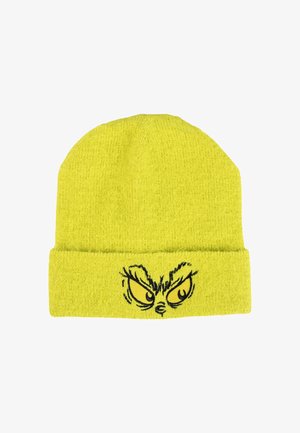 Berretto a maglia giallo brillante con orlo piegato, caratterizzato da occhi arrabbiati di cartone animato ricamati in nero e giallo nella parte anteriore.