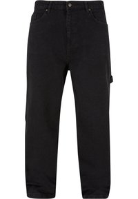 Pantaloni cargo in denim nero con vestibilità dritta, dotati di tasche frontali e una tasca laterale, progettati con una texture robusta e dettagli minimi.