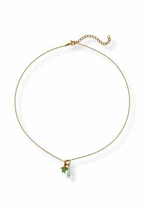 Delicate gold chain necklace with small turtle charm featuring a green stone and a vertical row of four pale beads.