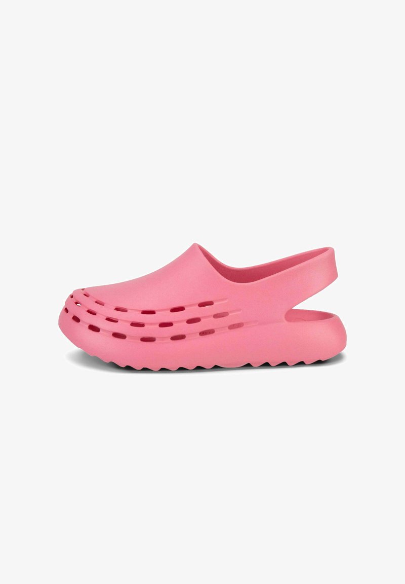 Leichte, pinke Clogs mit glatter Oberfläche und offenem Rücken. Verfügt über horizontale Aussparungen an der Vorderseite für Belüftung und eine strukturierte Sohle.