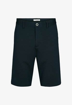 Heren shorts in donkerblauw van gladde stof, met een knoopsluiting, riemlussen en een getailleerde pasvorm. Minimalistisch ontwerp zonder zichtbare patronen.