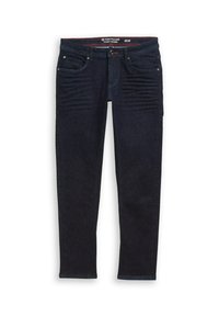 Granatowe dżinsy o tapered fit, pięć kieszeni, z delikatnymi przetarciami z przodu. Posiadają zapięcie na guzik i szlufki na pasek.