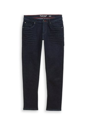 Dunkelblaue Denim-Jeans mit schmalem Schnitt, fünf Taschen-Design und dezenten Waschungseffekten an der Vorderseite. Mit einem Knopfverschluss und Gürtelschlaufen.