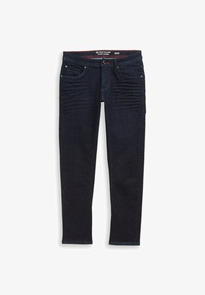 Dunkelblaue Denim-Jeans mit schmalem Schnitt, fünf Taschen-Design und dezenten Waschungseffekten an der Vorderseite. Mit einem Knopfverschluss und Gürtelschlaufen.