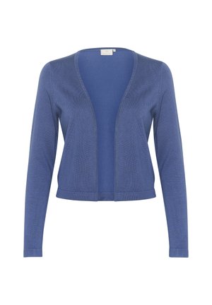 Blue knit cardigan with a open front, long sleeves, and a fitted hem. Features a smooth texture and subtle pattern throughout.
