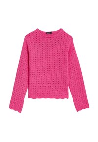 Pull en maille rose vif avec un motif texturé et ajouré. Il présente des manches longues et un ourlet festonné. Confectionné dans un matériau doux et respirant.