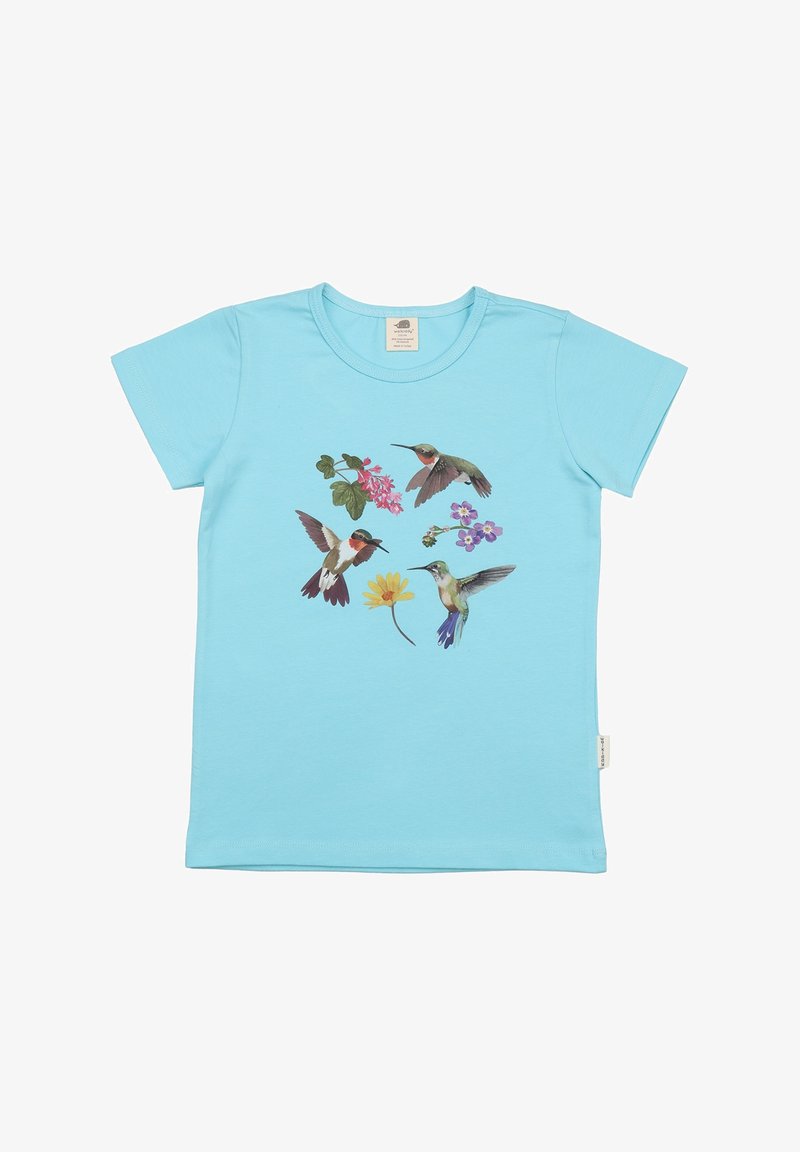 Light blue T-shirt, short sleeves, featuring colorful bird and flower illustrations at the center. Smooth fabric, crew neckline, casual design.