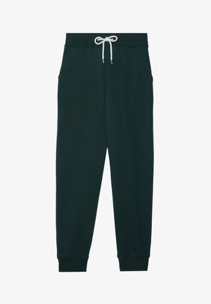 Dunkelgrüne Jogginghose aus weichem Stoff, mit einem elastischen Bund, verstellbarem weißen Kordelzug und seitlichen Taschen.