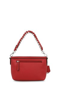 Red leather handbag with a braided chain handle and zipper pocket. Features smooth texture and contrasting black trim.