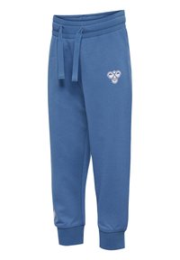 Blå sweatpants i mjukt material. Har ett elastiskt midjeband med justerbara dragsnören och ribbade anklar. Litet logo på framsidan.