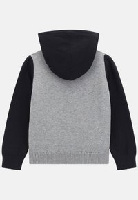 Il maglione con cappuccio presenta un corpo grigio con maniche nere. Il tessuto è testurizzato e lavorato a maglia, con un orlo e polsini a costine.