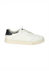 White leather sneaker with navy accent on the heel, flat sole, and lace-up design. Features a smooth texture and subtle logo.