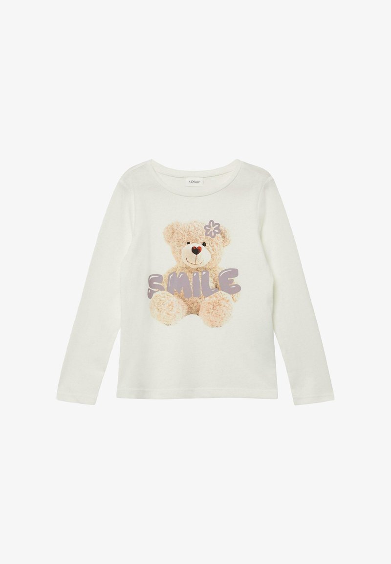 Witte lange mouwen shirt met een pluche teddybeer grafiek met een rood hart en bloem, vergezeld van het woord "SMILE" in paars.