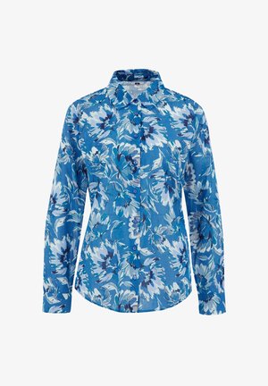 Blå blommig långärmad skjorta med stora vita och mörkblå blomster mönster, spetsig krage och knapplist fram.