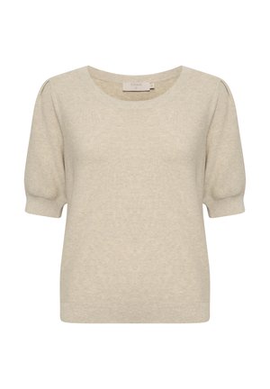 Kremasto obarvan pleten pulover s kratkimi rokavi, okrolim izrezom in rahlo napihnjenimi rokavi v srednji velikosti.