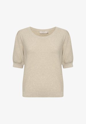 Krém színű, rövid ujjú kötött pulóver kör alakú nyakkivágással és enyhén összenyomott ujjakkal, közepes méretben.