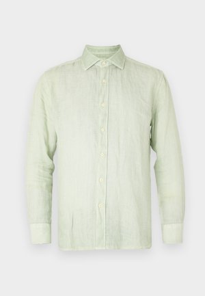 Cămașă din in verde deschis, cu mâneci lungi, cu nasturi în față și guler ascuțit. Are nasturi crem și o croială lejeră. Textură netedă.