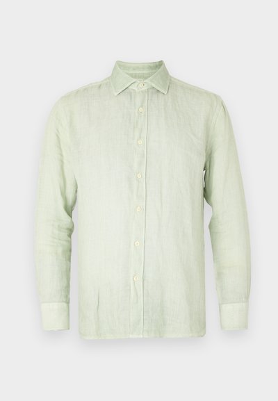 Světle zelená lněná košile s dlouhými rukávy, zapínáním na knoflíky a špičatým límečkem. Obsahuje smetanové knoflíky a volný střih. Hladký povrch.