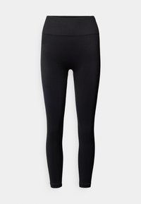 Leggings deportivos negros con cintura alta, textura suave, diseño ajustado y corte hasta el tobillo sin patrones ni acentos visibles.