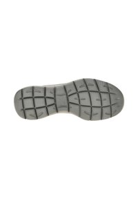 Suola di scarpa in gomma grigia con un motivo testurizzato, caratterizzata da scanalature profonde e forme rettangolari di varie dimensioni per aderenza e trazione.