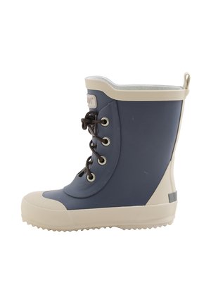 Marineblaue Gummiregenstiefel mit beigen Akzenten, runder Zehenpartie, strukturiertem Absatz und vorderer Schnürung. Verfügt über eine Zuglasche an der Rückseite.