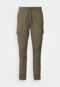 Cargo broek in aardse olijfgroen, met een elastische tailleband met trekkoord, zijzakken en een taps toelopend ontwerp.