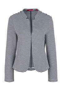 Blazer rayé bleu marine et blanc, doté d'un col rond, de manches longues et d'une silhouette ajustée, confectionné dans un tissu doux et extensible.