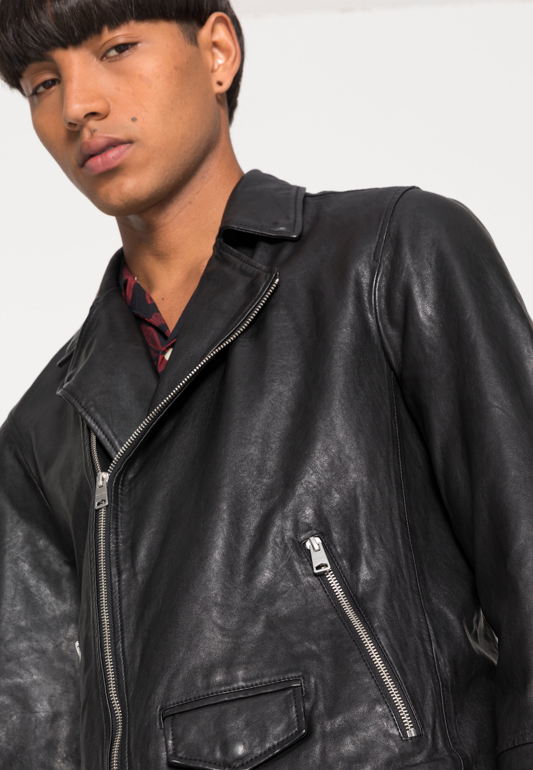 AllSaints Mens Rio Leather Biker Jacket, Black, Size: XL