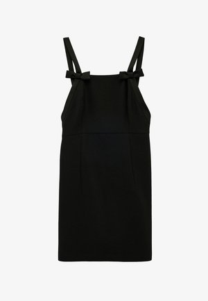 Schwarzes ärmelloses Kleid mit quadratischem Ausschnitt und doppelten Schulterriemen, die vorne zu kleinen Schleifen gebunden sind.